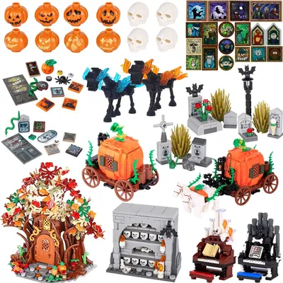 Halloween MOC Building Blocks Pumpkin Carriage Ghosts Headgear Tombstone Skeleton Pianos Accessories