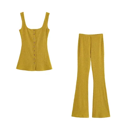 Women's suit New summer 2025 Square neck, wide shoulder strap, sleeveless top, flared pants set Slim