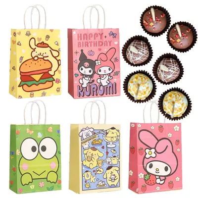 Hello Kitty kraft Paper tote bag Birthday Decor Cinnamoroll Candy Bag Kuromi Goody Biscuit Package