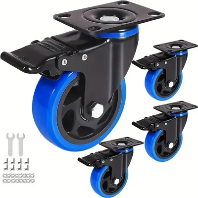 4 Pcs 4-inch Medium Blue Pvc Swivel Casters With Black Core, Dual Ball Bearings Brake & Universal