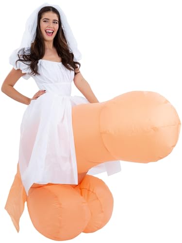 Smiffys Inflatable Bride Costume, Includes White Bride Dress with Veil & Inflatable Ride-On Penis, Funny Adult Hen Party Fancy Dress Costume with Fan
