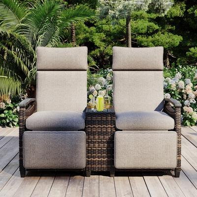 Patio Wicker Recliner Loveseat Chair Lounge Chair Set with Adjustable Backrest&Built-in Storage Table
