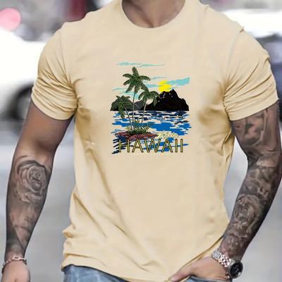 TEMU Hawaii Island Pattern Print Men's Comfy T-shirt, Graphic Tee Men's Summer Outdoor Clothes, Men's Clothing, Tops For Men Image