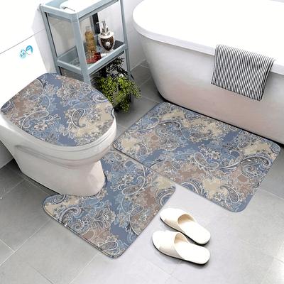 TEMU 3-piece Printed Bathroom Rug Set: U-shaped Toilet Seat Cover, Bath Mat, And Small Rug - Soft, Machine Washable, And Non-slip For Your Bathroom Decor Image