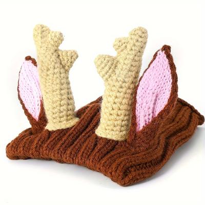TEMU 1pc Cozy Knit Pet Hat For - Elk With Antler Earmuffs, 100% Polyester Warm Winter Hat For Halloween Christmas New Year, Anxiety For Small Medium Large Pets Image