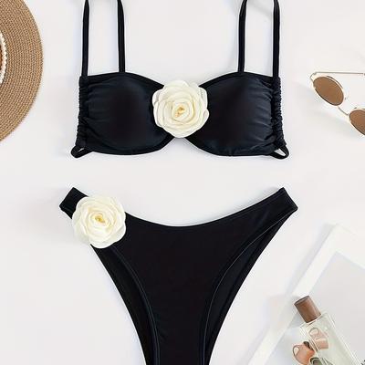 TEMU Chic Floral Bikini Set For Women - High Stretch, Non-transparent Nylon & Elastane , Shoulder-baring Design With Applique Detail Image