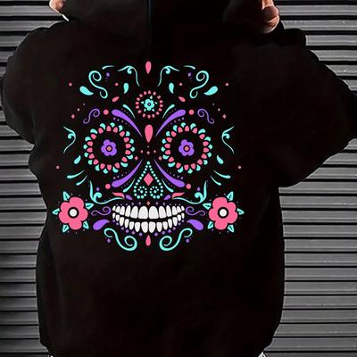 TEMU - Flowers Skull Printed Hooded Pullover Sweatshirt, Men's Causal Comfy Warm Autumn Winter Top Clothes Image