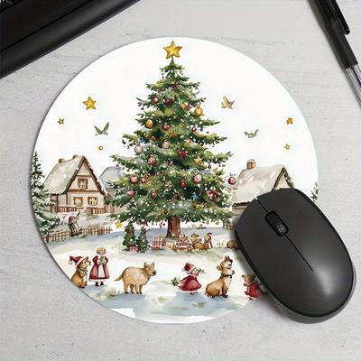 TEMU 1pc Christmas Tree Print Pattern Round Portable Durable Texture Mouse Pad, Cartoon Thickened Desk Mat Non-slip Rubber Pad Suitable For , Ideal Gift For Office Study Room, Printing Position May Image