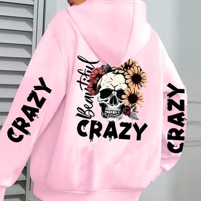 "TEMU Women's "beautiful Crazy" Skull Print Pink Hoodie - Casual Zip-up Jacket With Pockets, Stylish & Comfortable Polyester Sweatshirt For Fall/winter, Machine Washable" Image