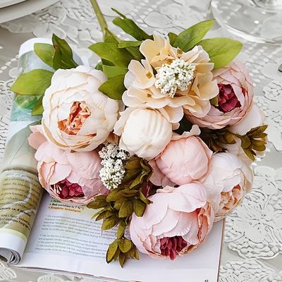 TEMU A Bouquet Of Vintage Artificial Peonies, Home Interior Decoration, Room Embellishment With Flowers, And Bridal Hand-held Bouquets. Image