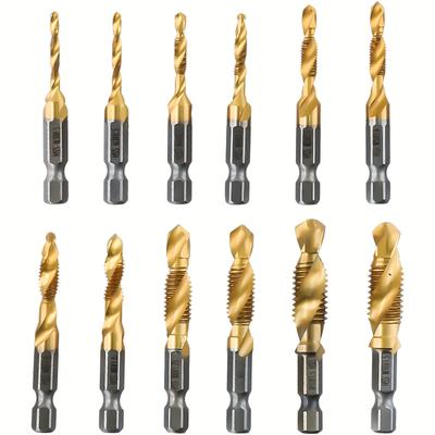 TEMU 12pcs Titanium-coated Steel Tap Drill Bit Set With Hex Shank - M3 To M10 Sizes For Wood, Plastic & Metal Image