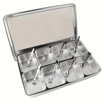 TEMU Shaon 8-compartment Stainless Steel Spice Container With Lid & Spoon - Salt, Sugar, Oil Bottles, Nuts, Snacks & Spices - Kitchen Cooking Organize Image
