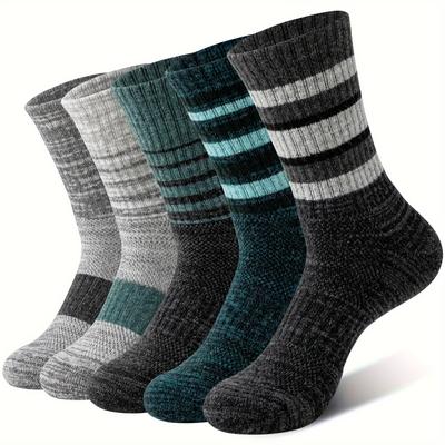 TEMU 5 Pairs Of Unisex Wool Wool Hiking Socks - Cozy Socks With Cushioned Toe & Heel, Striped Patterns In Assorted Colors (blue, Purple, Gray, Green, Pink, Teal), & Gifting Image