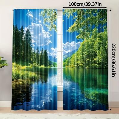 TEMU 2pcs, Pattern Curtains Green Lake Scenic 100% Polyester (without Rod,no Movement, No Battery) , And Room Darkening Functions For Bedroom Office Room Study Home Decor Image