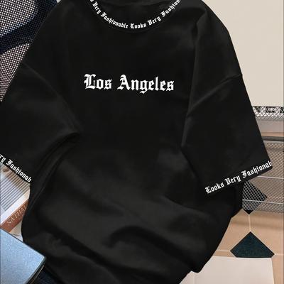 TEMU Men' Los Angeles Graphic T-shirt, Casual Crew Neck With White Letter Print, 260g Polyester Fabric, Summer & Nightlife Image