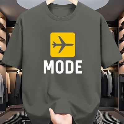 "TEMU Men's Casual "mode" Graphic Tee - Olive Green Short Sleeve T-shirt With Airplane Print, Lightweight Polyester Fabric, Summer Outdoor Activities And Sports" Image