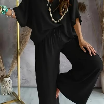 TEMU Solid Color Plus Size V-neck Casual Suit Image