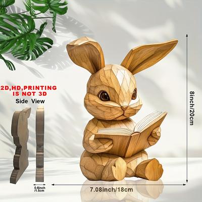 TEMU 2d Flat, 1pc Handmade Wooden 2d Plane Printing Rabbit Reading Statue- Home, Table Or Office Decoration, Give Unique Gift 8x7.08i Image