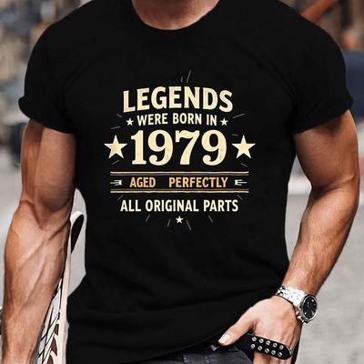 "TEMU Men's 1979 Graphic T-shirt - Casual Summer Short Sleeve Crewneck, White Polyester Tee With " Born In 1979" Print, Round Neck, Machine Washable, Skateboarding Style" Image
