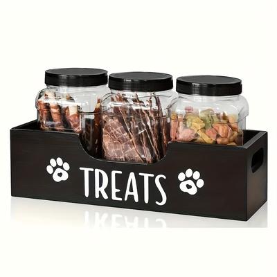 TEMU Wooden Box For Dogs And Cats | Farmhouse Style With Paw | Includes 3 Clear Plastic Containers | Black Finish | Wood Construction | Ideal For Treats & Food Storage Image