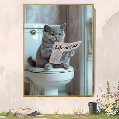 "TEMU British Shorthair Cat Reading Newspaper On Toilet Wall Art | Frameless 12x16" X 16"x24" | Humorous Bathroom Decor | Whimsical Cat-themed Artwork | Ideal Gift For Cat Lovers, Cat Lover Gifts" Image
