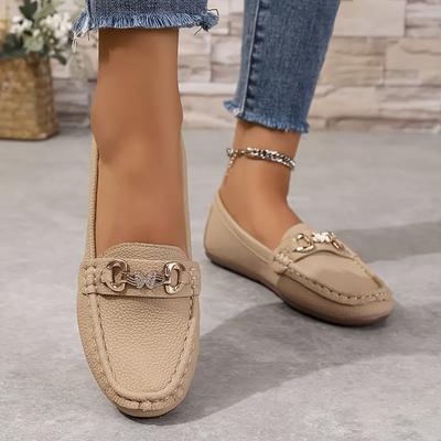 TEMU Women's Casual Slip-on Flats - Lightweight, Comfortable, And Stylish Beige Ballet Flats With Metallic Detail, Wear, Casual Footwear | | Rubber Sole Image