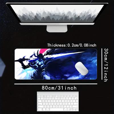 TEMU Extra Large Gaming Mouse Pad - Vivid Swordmaster Desk Mat, Rubber Base, Stitched Edges, Ideal For And Home Office Decor, Gaming Desk Accessory | Cartoon Warrior Design Image
