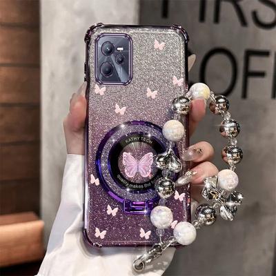 TEMU Magnetic Glitter Phone Case With Pearl Wrist Strap Designed For Oppo Realme C35, Offering Anti-knock And Shock-proof Protection With A Stand Back Cover. Image