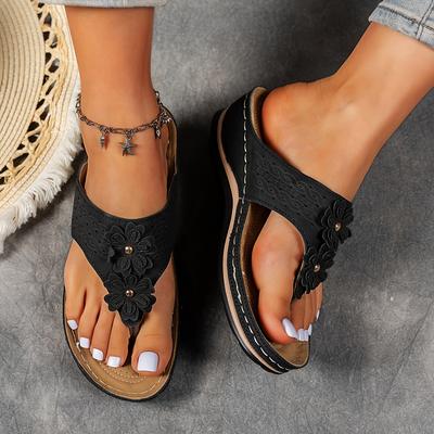 TEMU Women's Floral Slip-on Sandals With Thick Sole - Light Pink Pu Cover Open-toe Casual Shoes For Casual Attire, Strappy Sandals Image
