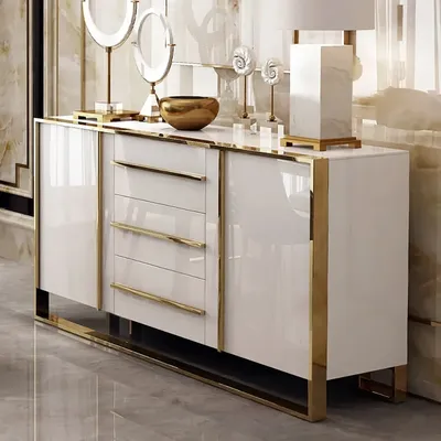 High Quality Luxury 3 Drawers 2 Door Sideboard Gold Stainless Steel Buffet White Gloss Wood Cabinet for Home Hotel
