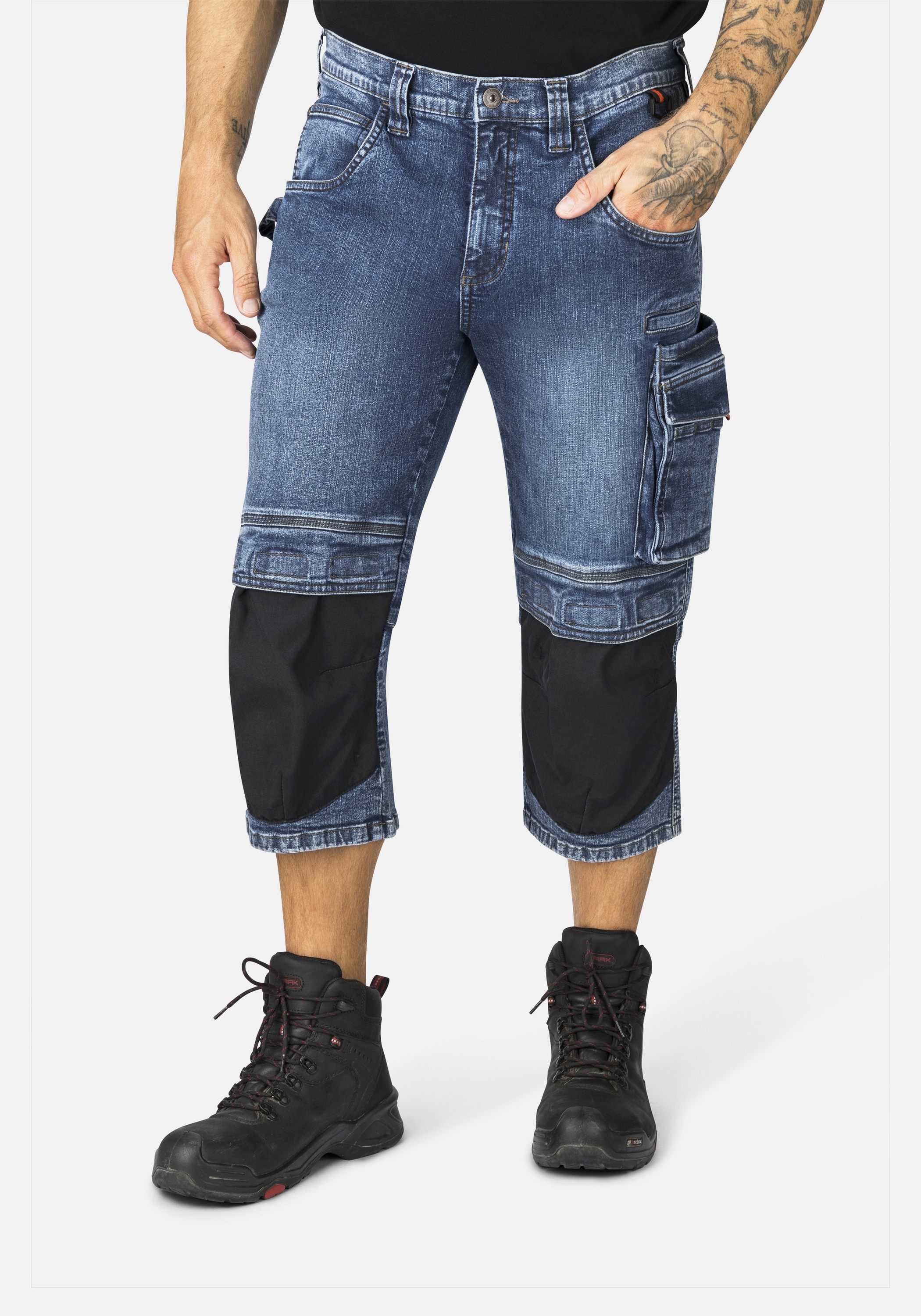 3/4-Jeans HERO BY JOHN MEDOOX "MARLOW Pro Workwear Arbeits- 3/4-Jeans", Herren, Gr. 52, blau (mid blau washed), Denim/Jeans, 98% Baumwolle, 2% Elasthan, regular fit, Jeans, Arbeits- 3/4-Jeans Denim / Jeansfür Herren