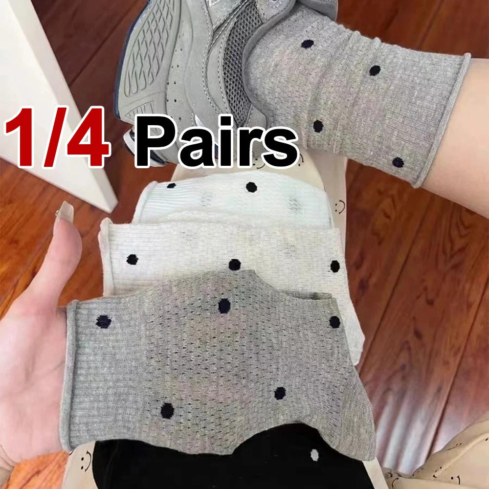 1/4 Paar Damen-Socken mit gerolltem Rand und mittlerer Röhre, modisch, für den Sommer, dünn, atmungsaktiv, einfarbig, Punktdruck, weich, bequem, lässig Image