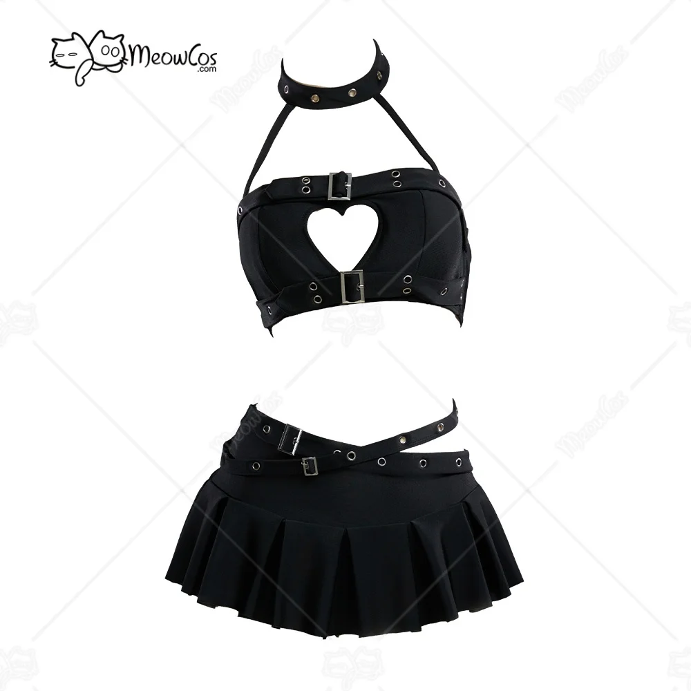 MEOWCOS Damen-Badeanzug „Dark Rebel Gothic“ mit schwarzem Herzausschnitt, Punky-Schnalle, zweiteilig, Strandkleidung, Neckholder-Top und Culottes Image