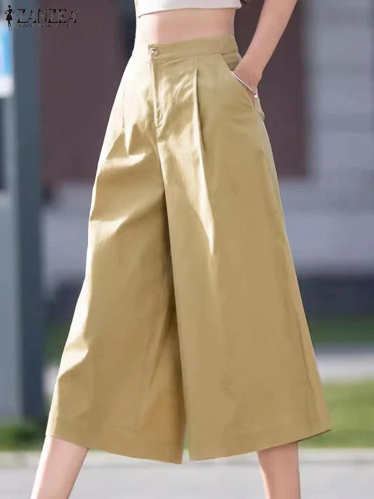 ZANZEA 2023 Sommer Frauen Lange Gerade Hosen Koreanische Hohe Taille Pantalons Beiläufige Lose Breite Bein Geerntete Hosen Büro Böden Image