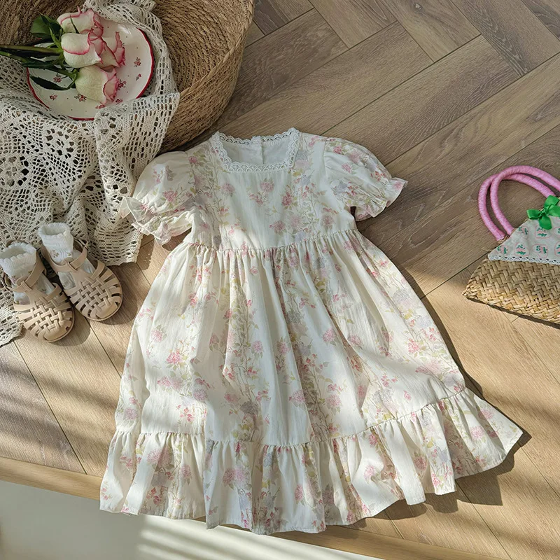 Blumen Vierkant hals Mädchen Kleid Französisch sanften Stil Sommer Spitze kurz ärmel ige Kinder kuchen Prinzessin Kleid Kinder kleidung Image