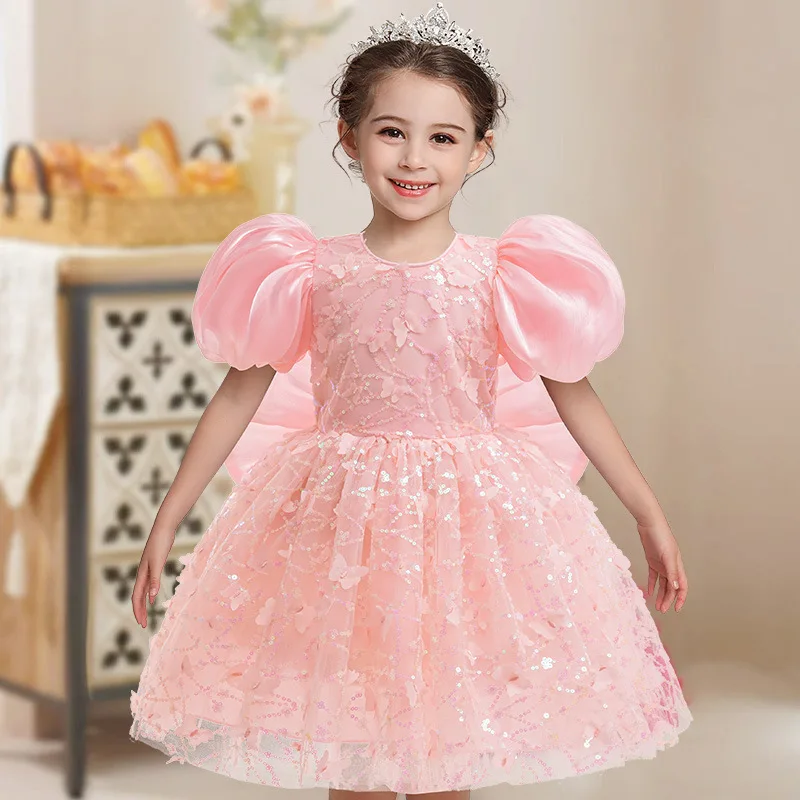 Mädchen Party Kleider Kinder Sommer Puffärmel Rosa Prinzessin Kleid Große Schleife Geburtstag Party Mädchen Elegante Kleider Klavier Durchführen