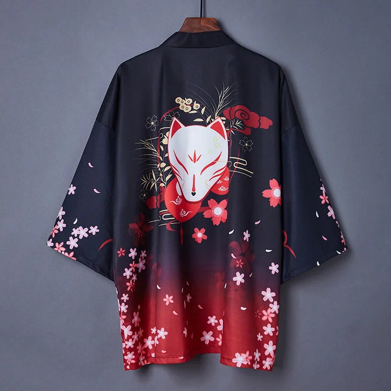 Japanischer Fuchs, rotes Blumentier, asiatisches traditionelles Kostüm, Druck, Kimono, Männer und Frauen, Yukata, Haori, Harajuku, Strickjacke, Cosplay-Kostüm Image