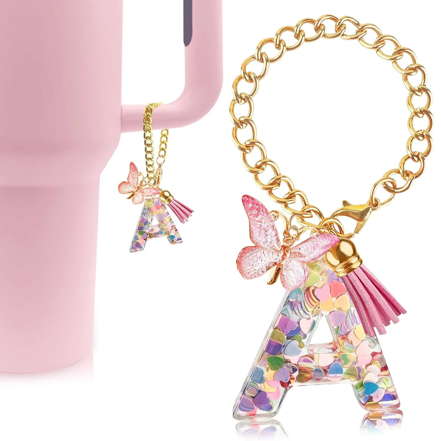 Buchstaben-Charm-Zubehör für Becher mit Griff, niedlicher Anfangsbuchstabe A, Schlüsselanhänger-Griff-Charm mit Schmetterling für Stanley Cup Image