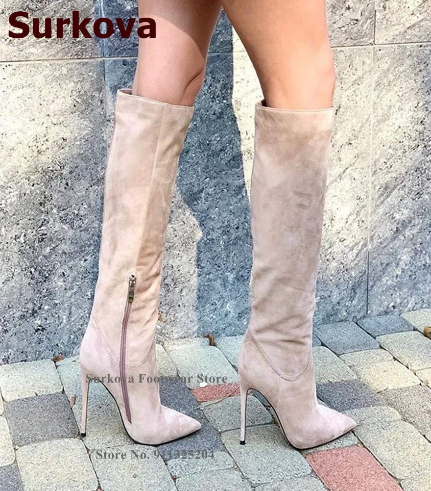 Surkova Elegante Apricot Slim Fit Knie Stiefel Spitz Dünne High Heels Gladiator Stiefel Nachtclub Bühne Schuhe Size46 Frauen Schuhe