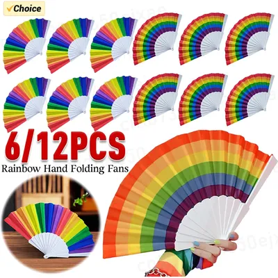 6/12PCS Rainbow Handheld Folding Fan Spanish Colorful Foldable Hand Fan Portable For Dance Art Dancer Wedding Decor Gifts