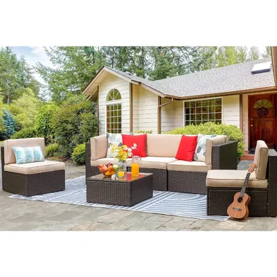 Sectional Sofa Conversation Couch with Glass Table, Cushions and Red Pillows, for Lawn, Garden Sofas