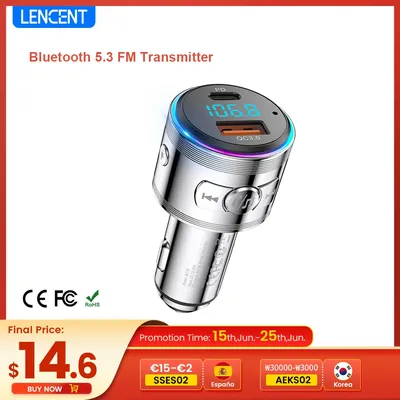 LENCENT Bluetooth 5.3 FM Transmitter Full Metal Bluetooth Car Adapter with PD 20W & QC3.0 Fast