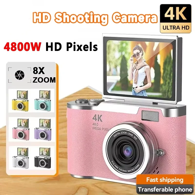 Appareil photo numérique pour étudiants 4K CCD avec zoom numérique 8x, 48MP, appareil photo numérique portable, 180 ° Caméra selfie à écran rabattable