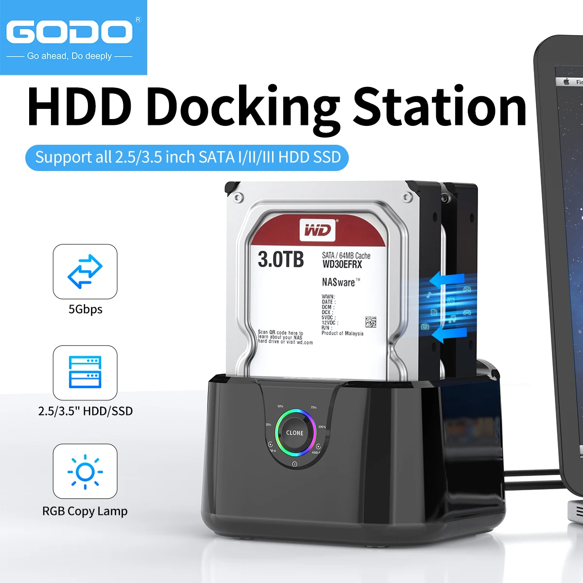 GODOHDD Docking Station Adattatore SATA a USB 3.0 per Case SSD da 2.5 e 3.5 pollici, Box HDD, Dock per Hard Disk, Enclosure per Hard Drive