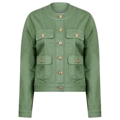 Coats / Jackets Morlich Women's Stretch Cotton Collarless Denim Jacket in Sage Green - Amara Reya / 16 - Tokyo Laundry