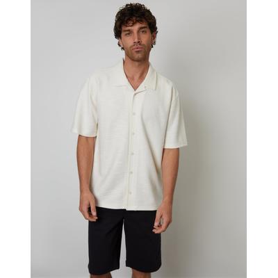 Ecru Textured Revere Collar Short Sleeve Shirt