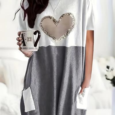 TEMU Women's Plus Size Casual Long Sleeve T-shirt With Heart Print & Contrast Color , Relaxed Fit Round Neck, Side Pockets, Machine Washable Top, Ladies T Shirts, Medium Stretch Fabric Image