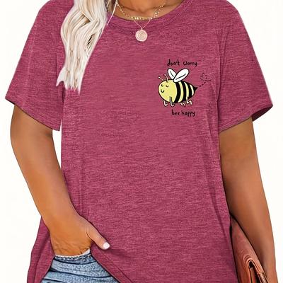 TEMU Plus Size Casual Crew Neck T-shirt With Bee Applique - Polyester Blend Knit Fabric With Medium Stretch, Animal Pattern, Image