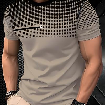 TEMU Men's Neck T-shirt - Solid Color, Knit Polyester Tee With Stretch, Regular Fit, 110g/m² - Casual Gradient Design Image