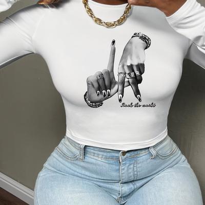 TEMU 1 Women's Slim Fit Long Sleeve T-shirt With 'remember The Mark' Graphic - Solid Polyester Knit, Stretch, All- Style, Bodycon Silhouette Top Image